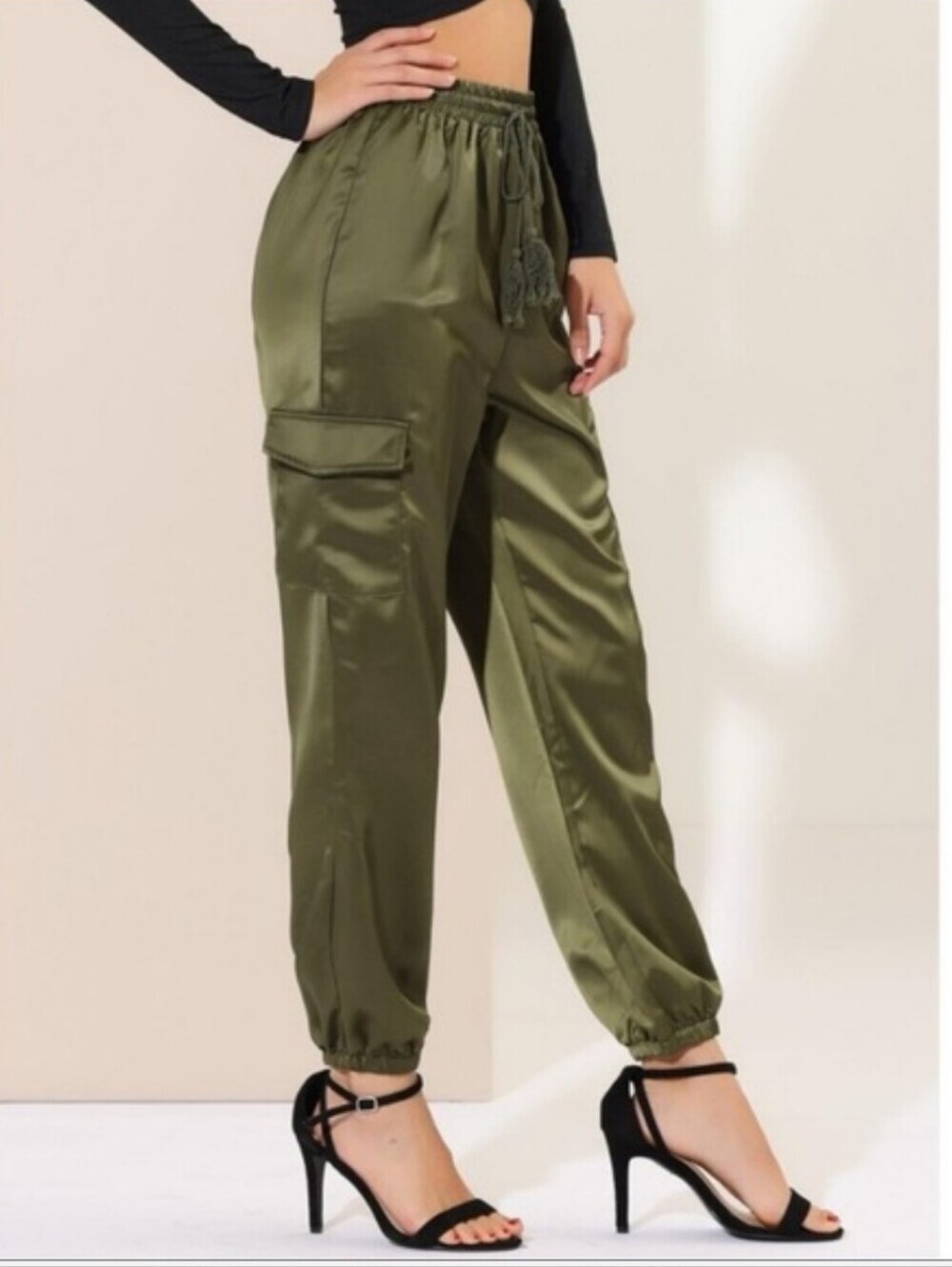 Allegra K Satin Green Joggers Sz Medium NWT - Picture 2 of 9